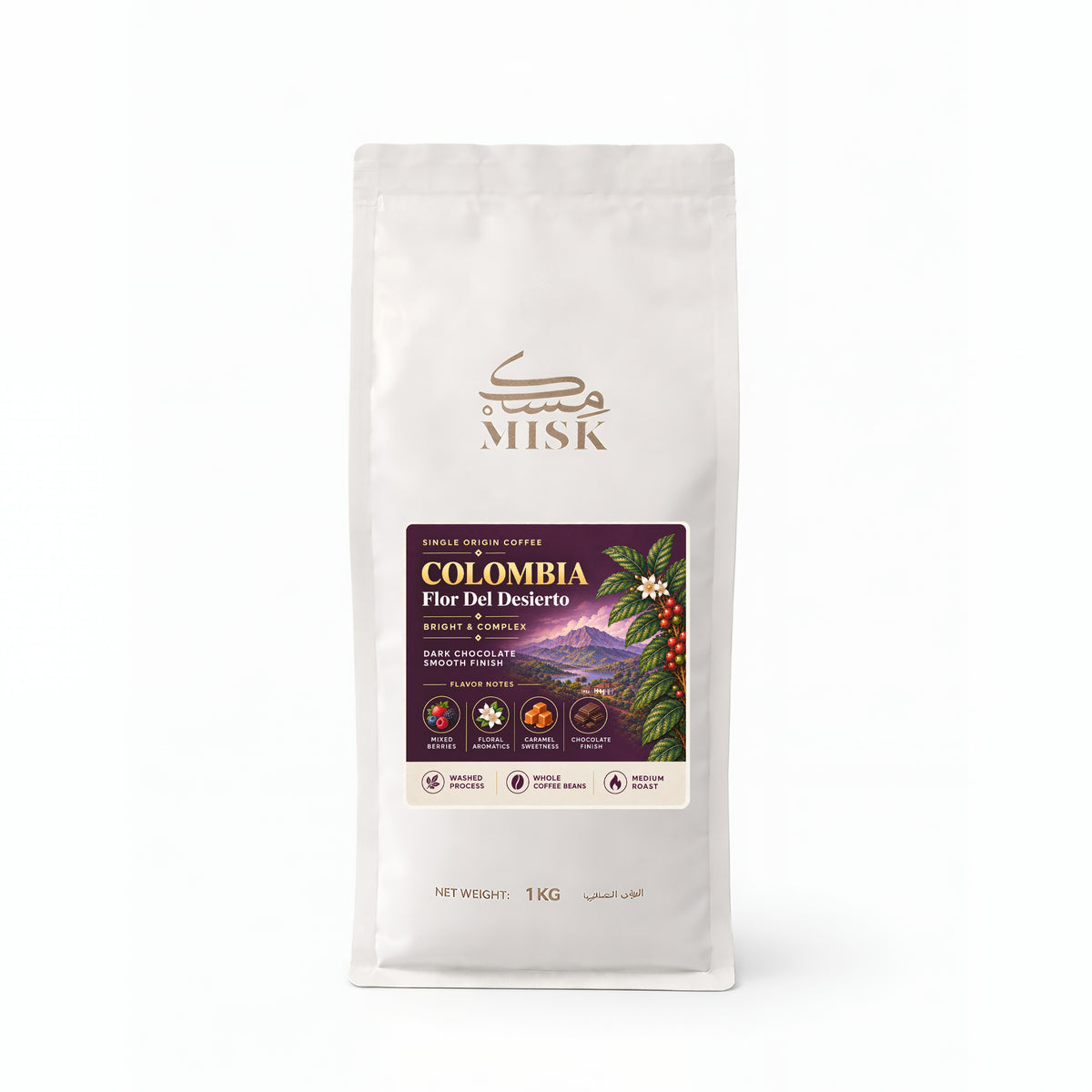 MISK Colombia Flor del Desierto Whole Coffee Beans | Medium Roast | 1 kg